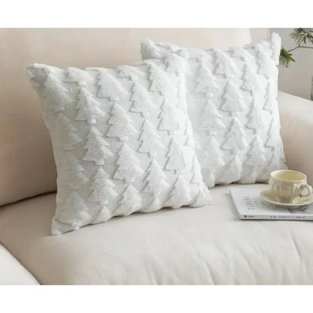 Set of 2 White Christmas Tree Throw Pillow Covers 18x18 Soft Cozy Holiday